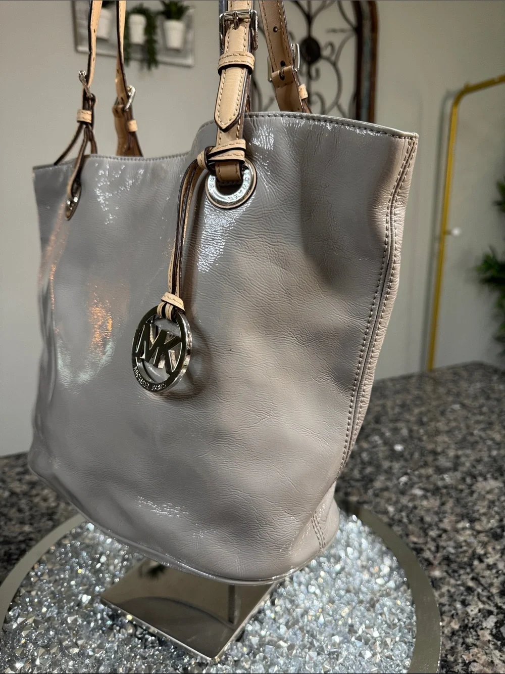Michael Kors Light Gray Patent Tote with Beige Straps
